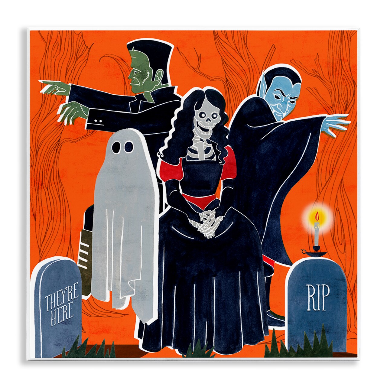 Halloween Graveyard Monsters Vibrant Orange Pop Wall Plaque Art